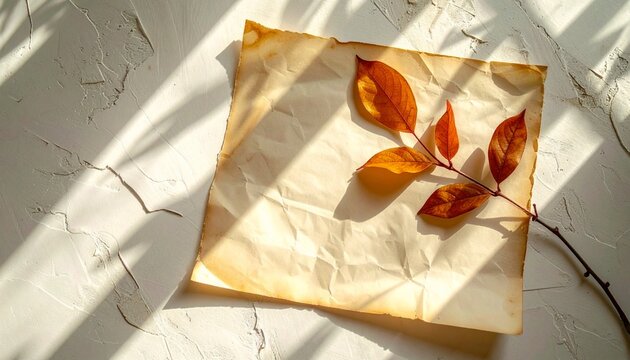 Aged paper with autumn leaves and natural shadow play on neutral background, wabi-sabi minimalist still life flat lay