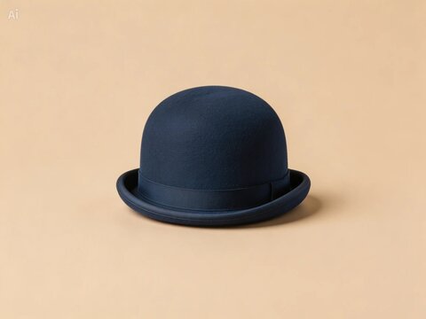 Stylish bowler hat, navy blue, solid beige background, maximum sharpness.
