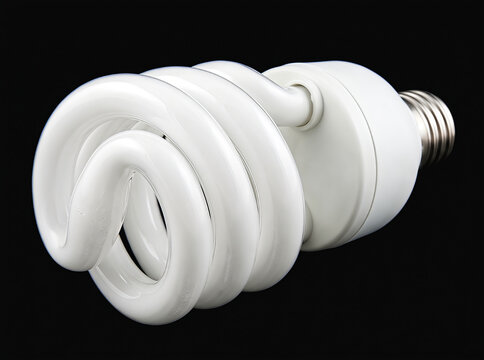 A studio shot of a white spiral compact fluorescent light bulb (CFL) against a solid black background, highlighting its energy-efficient design.