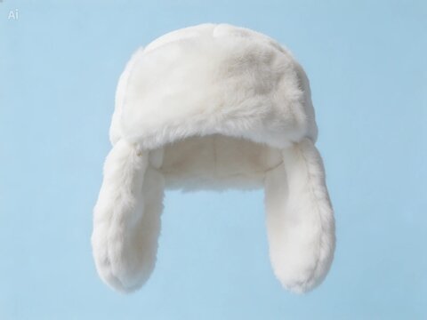 White fuzzy trapper hat with ear flaps isolated on light blue background