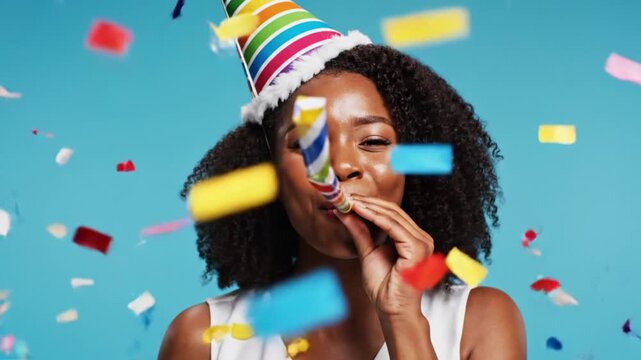 Cinematic lifestyle video of happy woman wearing party hat blowing colorful party horn playful motion horn expanding and curling minimal cyan background bright soft lighting natural gestures smooth ca