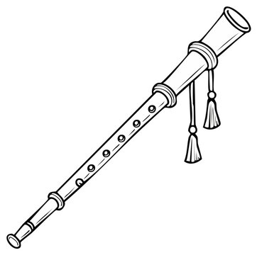 Hand Drawn Illustration of a Traditional Wooden Wind Instrument with Tassels