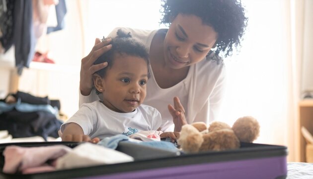 Loving mother helping her cute toddler child pack clothes and toys into a suitcase on bed