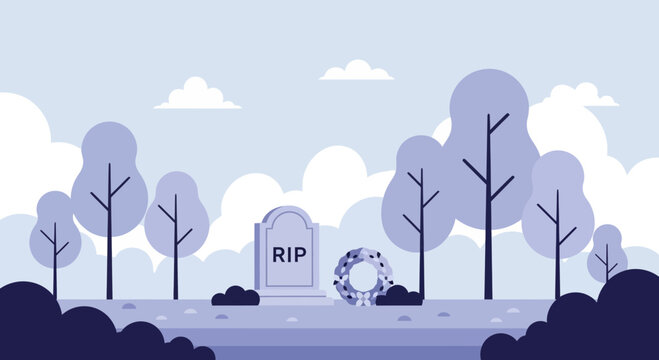 Cemetery scene with RIP tombstone and wreath, flat design, peaceful outdoor setting