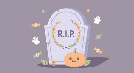 Cute Halloween Tombstone with Pumpkin, Ghosts, and Candy © Margo