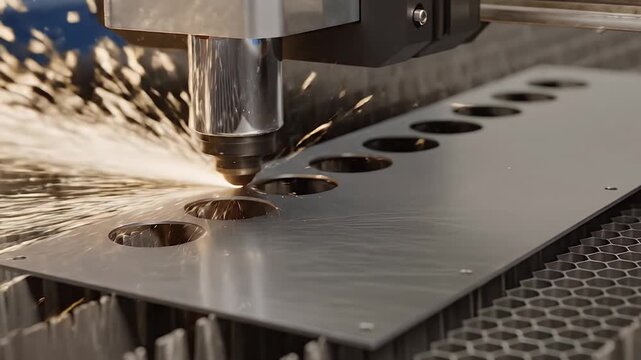 Automated CNC Fiber Laser Cutting Complex Geometric Patterns in Metalwork Factory

