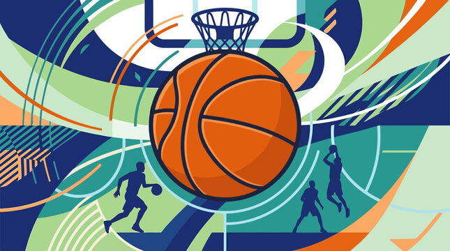 Basketball in motion with hoop.