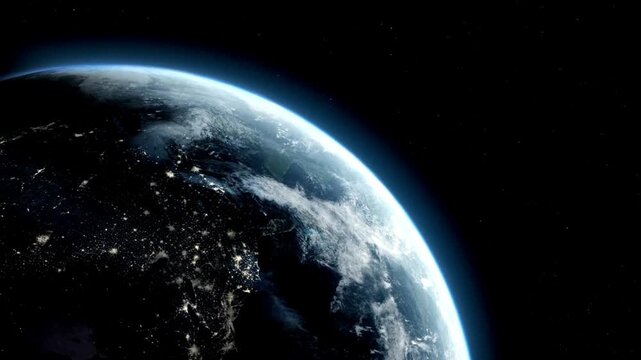 Beautiful 3d earth planet animation. Space World planet satellite Stars galaxy black background 4k.