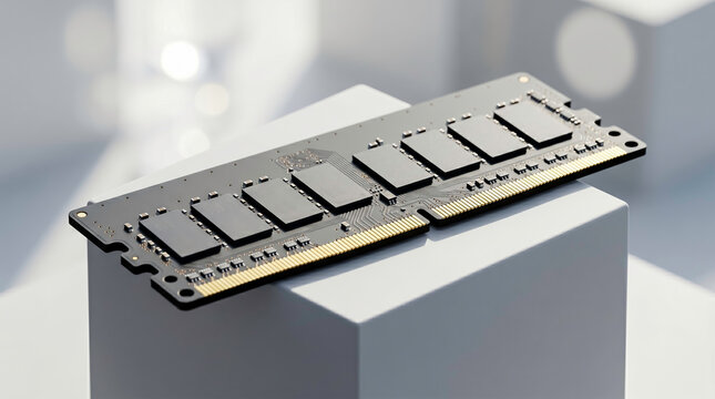 High-performance black computer RAM module with gold pins on a white pedestal. Ideal for hardware upgrades, technology blogs, and data processing concepts.