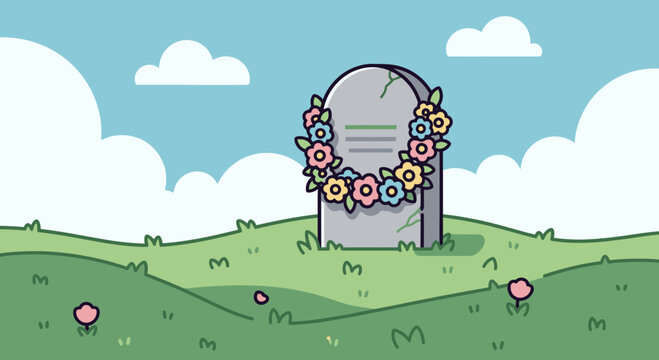 Tombstone with Flower Wreath in Grassy Cemetery, Memorial Day, Peaceful End