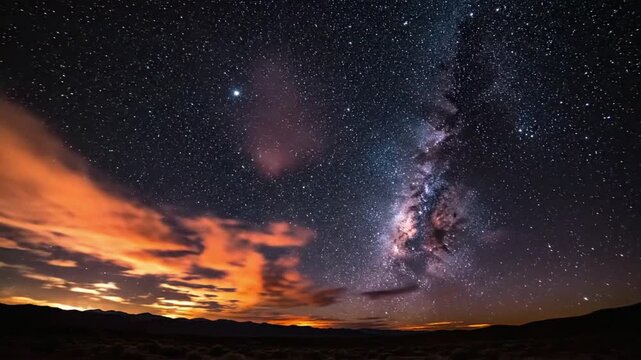 Colorful clouds and bright stars fill the sky over mountain range at sunset with beautiful colors and patterns
