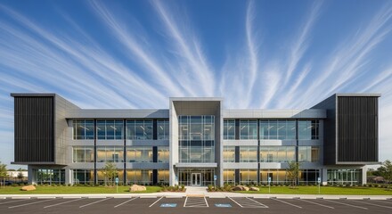 Obraz premium Modern office building exterior with glass facade and wispy sky