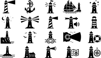 Obraz premium A collection of handdrawn outline lighthouse icons representing maritime navigation, coastal safety, and ocean adventure, perfect for web graphics, educational materials, and travel