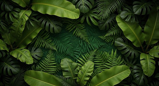 Dark lush tropical jungle leaves pattern with green ferns and large banana leaves. cornice di foglie