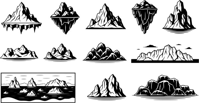 Frozen iceberg set. Vector icon collection of ice floes, glaciers, iceberg pieces floating in ocean, winter ice peak. Global warming, climate change. North sea or arctic ocean. Antarctic rock panorama