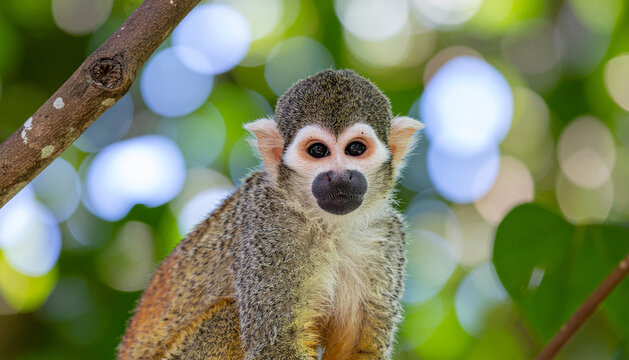 Cute squirrel monkey sitting on a tree branch in the jungle