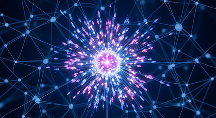 Fototapeta premium Abstract glowing neural network connection with vibrant energy explosion in dark blue