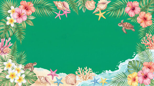 Tropical Beach Frame Border With Flowers Coral And Shells On Green Background
