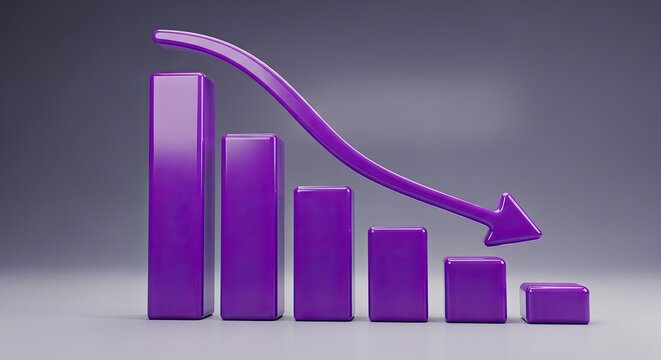 Purple 3D bar chart with downward arrow showing decline
