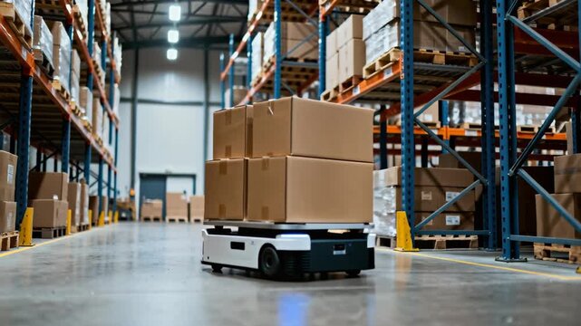 An autonomous mobile robot transports stacked cardboard boxes through a large, modern warehouse.