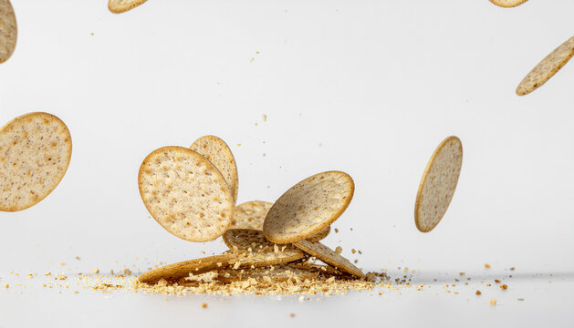 Exploding or breaking round cracker with crumbs flying in the air