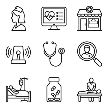 Clinical healthcare and patient treatment icon collection with pill bottle healthcare clinical hospital diagnostic