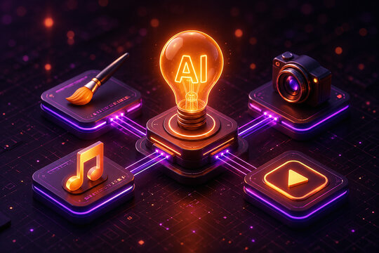 Generative AI Creative Tools Concept with Glowing AI Lightbulb and Digital Icons for Art, Photography, Music, and Video. Futuristic 3D Render Illustration of Content Creation and Innovation.