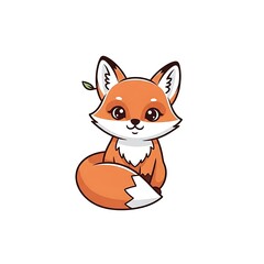 Fototapeta premium Cute cartoon fox with a green leaf sitting on a white background