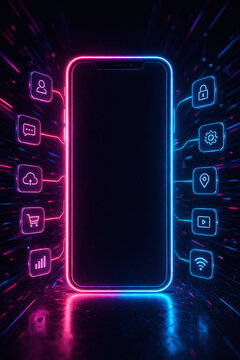 Futuristic Neon Smartphone Outline with Technology App Icons and Copy Space on Screen, 3D Render Illustration of Mobile Connectivity, Digital Marketing, and Social Media Concept