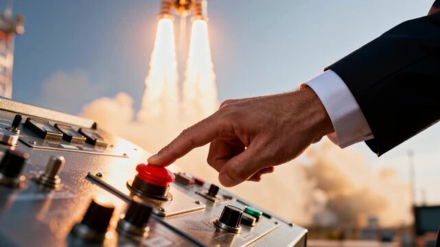 A man in a suit presses a red button on a control panel as a rocket launches into the sky.