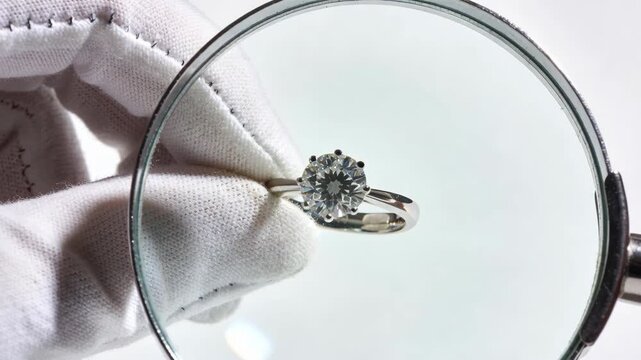 A white-gloved hand holds an oval diamond ring under a magnifying glass for close inspection.