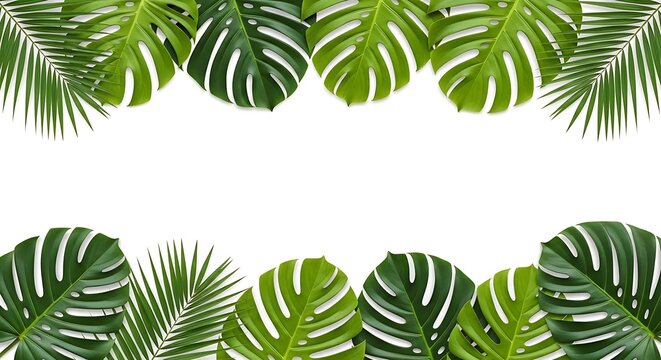 Tropical monstera and palm leaves border on white background. cornice di foglie. cornice di foglie