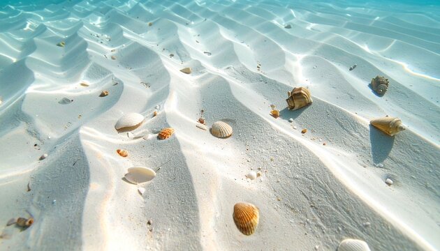 Underwater sandy seabed with shells and sunlight ripples in clear water