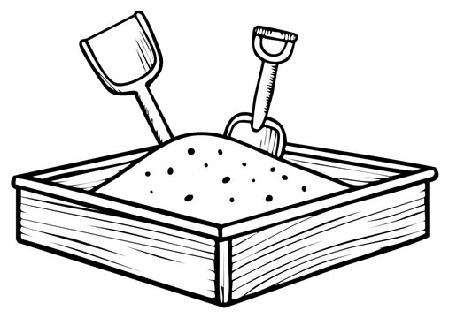 Hand drawn illustration of a sandbox with a pile of sand and two shovels ready for play