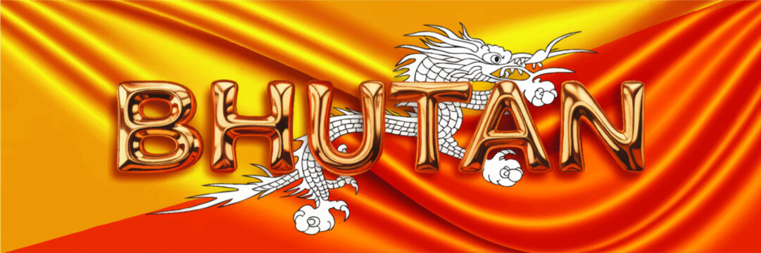 Bhutan text with white dragon on flowing orange and yellow silk flag background, glossy 3D typography, patriotic national banner design