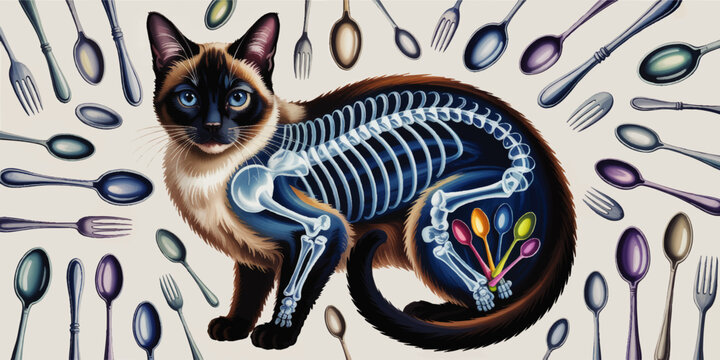 Surreal Siamese Cat Anatomy Illustration with Visible Skeleton and Colorful Spoon Pattern on Light Background