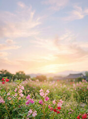Obraz premium Balsam Flower Field Under Soft Pastel Sunset Sky