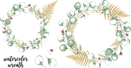 Watercolor eucalyptus wreath vector set featuring elegant green leaves and floral elements in soft botanical illustration style © mdanichur