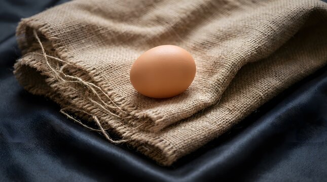 A brown egg sits on top of a folded burlap cloth on a dark blue satin background with loose threads hanging from the edge of the fabric
