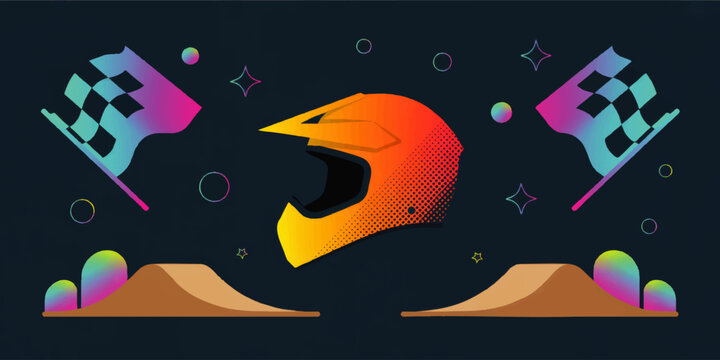 Colorful motocross helmet with racing flags over dirt ramps in retro neon vector illustration on dark background