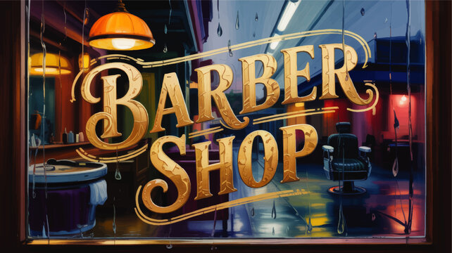 Vintage Barber Shop Window Sign with Rainy Street Reflection, Classic Salon Interior, Golden Lettering and Moody Urban Illustration