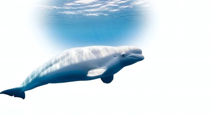 Fototapeta premium Majestic Beluga Whale Swimming in Bright Blue Underwater Ocean with Sun Rays