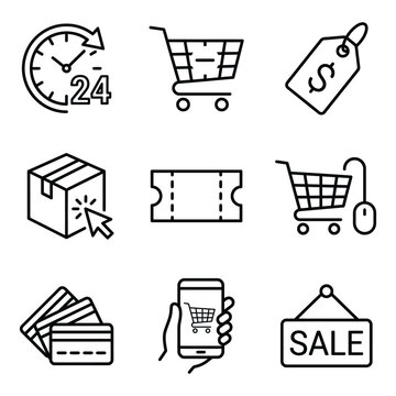 Sales and e commerce shopping line icons featuring discount price tags and mobile payment methods twenty four shopping