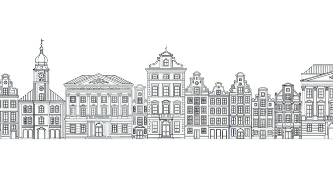 Row of traditional European buildings in a line drawing.