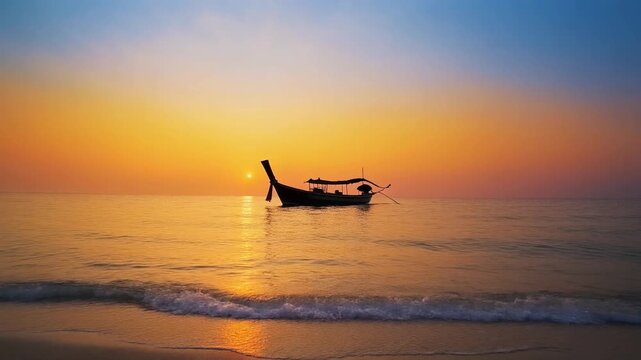A single Thai longtail boat floats on the calm ocean as the sun sets over the horizon, casting a vibrant orange, yellow, and blue gradient sky.