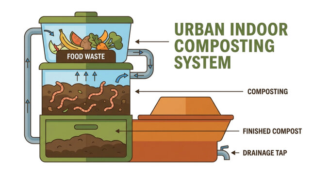 Diagram of an urban indoor composting system for food waste with eco friendly worm farm waste management plant food composting illustration sustainability vermicomposting fertilizer household
