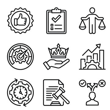 Business management and corporate strategy line icons showing success performance and legal compliance with business