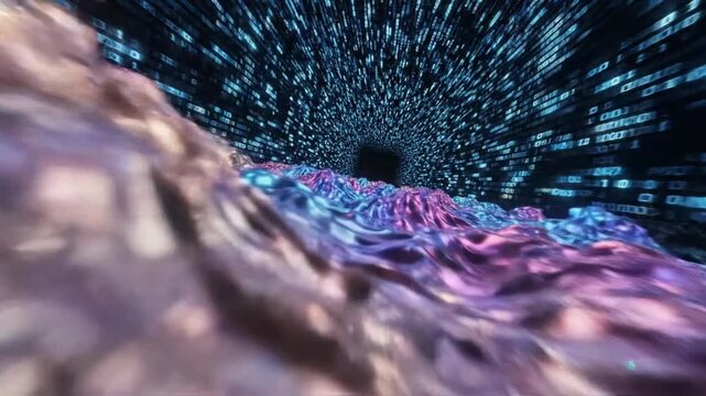 Futuristic animation shows abstract colorful waves moving through a digital environment filled with bright lights and patterns