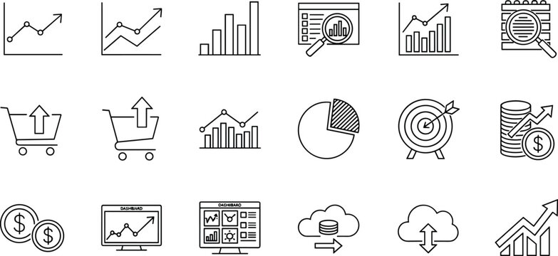 Business analytics and growth icon set with charts graphs dashboard cloud data and ecommerce symbols outline vector illustration