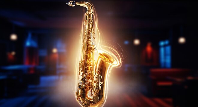 A golden saxophone glows under a soft haze as rhythmic motion blur creates a sense of musical energy amidst a dark, atmospheric jazz lounge, instrument, artistic, blues